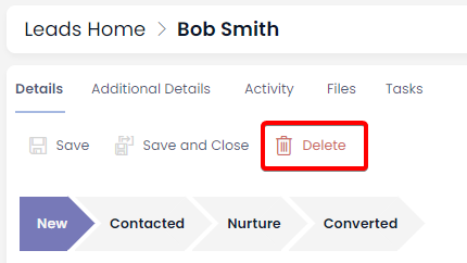 A screenshot of the &quot;Delete&quot; button that appears on a lead item page. The button has a red icon of a trash can and a red label that reads: &quot;Delete&quot;. The screenshot is annotated with a red box that highlights the location of the &quot;Delete&quot; button.